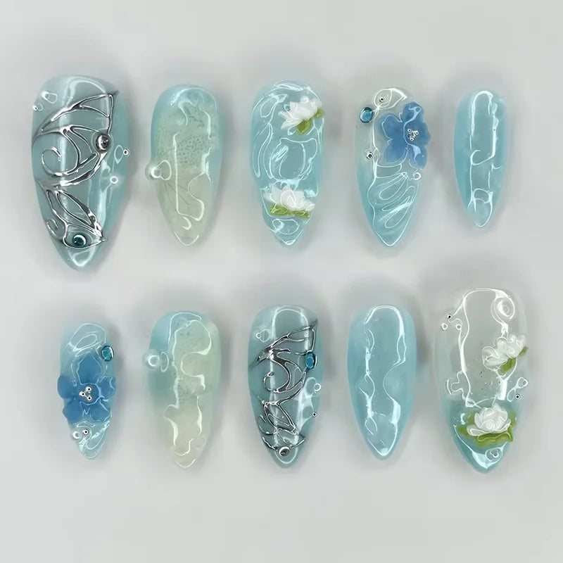 Mid-length Gilded 3D Flower Gradient Almond Reusable Press On Nails