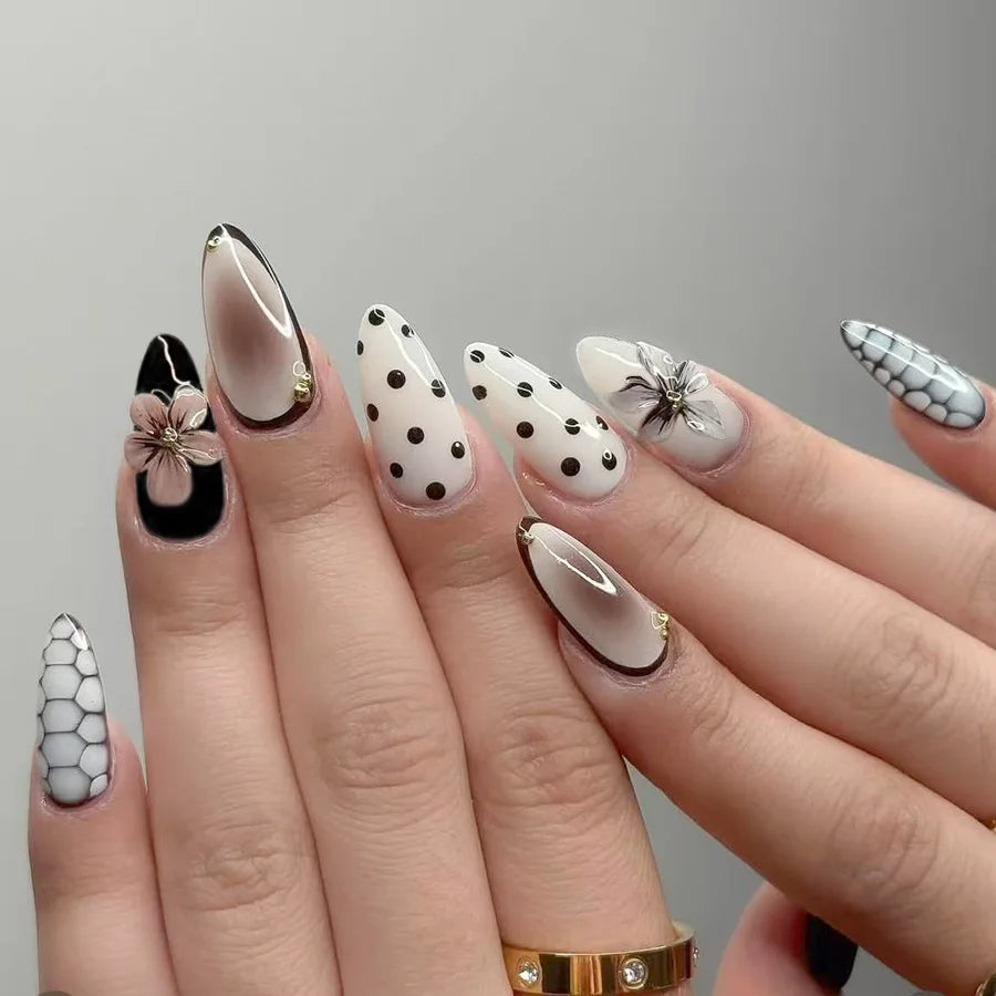 Mid-length Gilded 3D Flower Gradient Almond Reusable Press On Nails