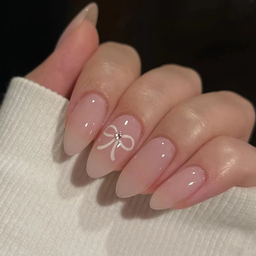 Sweet Cat Eye French Press on Nails Diamond-Pointed Three Dimensional Bow Knot