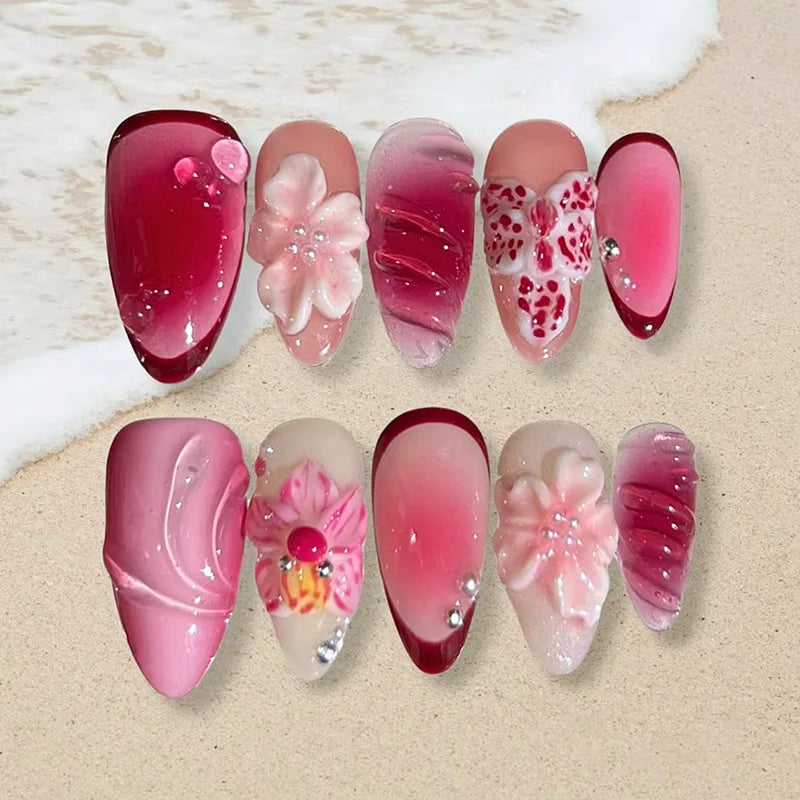 Mid-length Gilded 3D Flower Gradient Almond Reusable Press On Nails