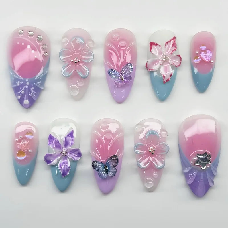 Mid-length Gilded 3D Flower Gradient Almond Reusable Press On Nails