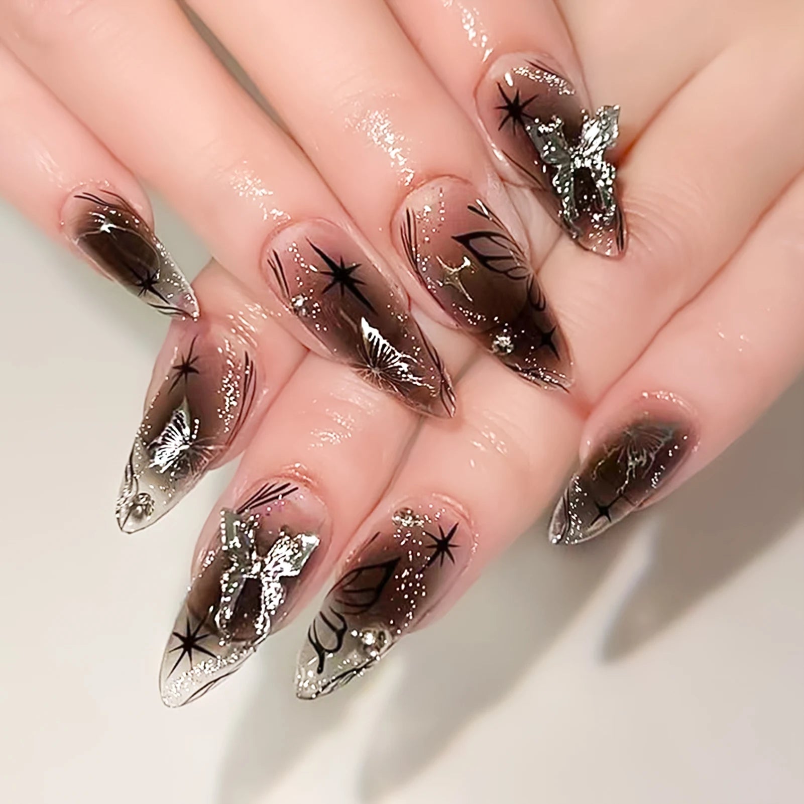 Stiletto Press On Nails Black Silver Bowknot Dissymmetry Nail Art
