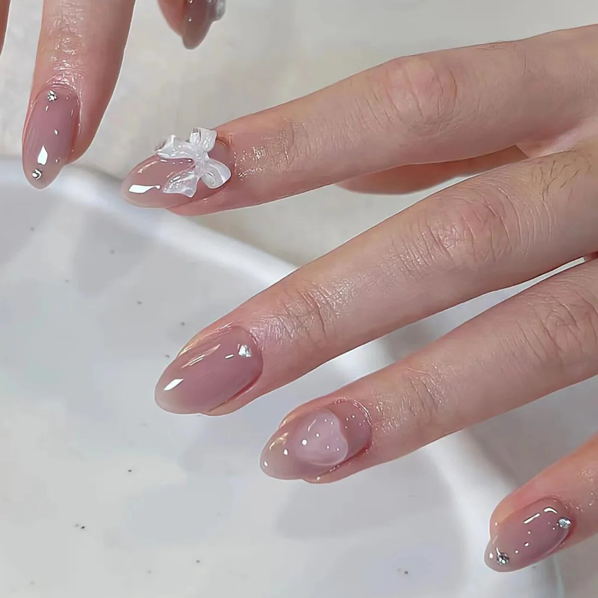 Sweet Cat Eye French Press on Nails Diamond-Pointed Three Dimensional Bow Knot