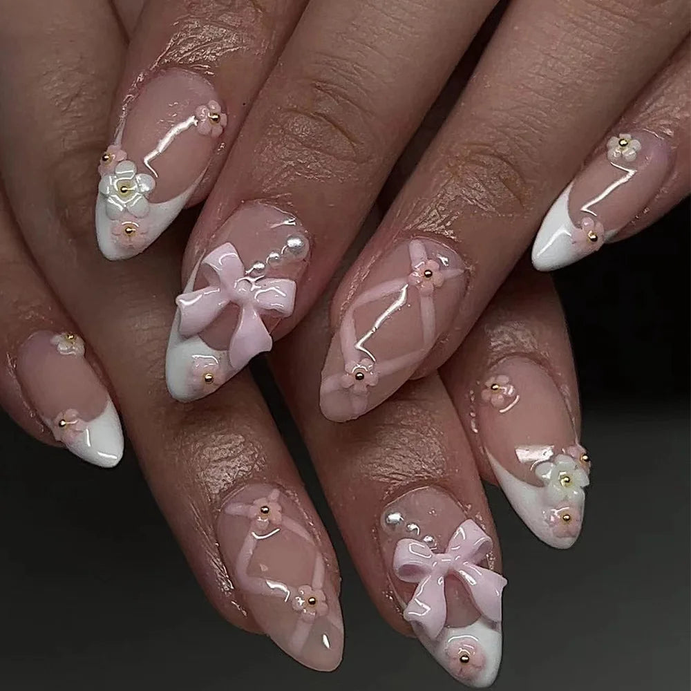 Sweet Cat Eye French Press on Nails Diamond-Pointed Three Dimensional Bow Knot