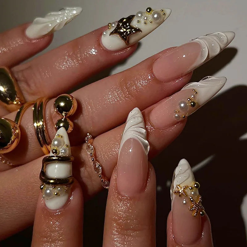 Mid-length Gilded 3D Flower Gradient Almond Reusable Press On Nails