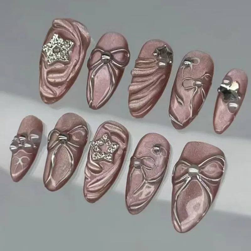 Y2k Press on Nails with Almond Head Design Cat's Eye Silver Stripe Pattern