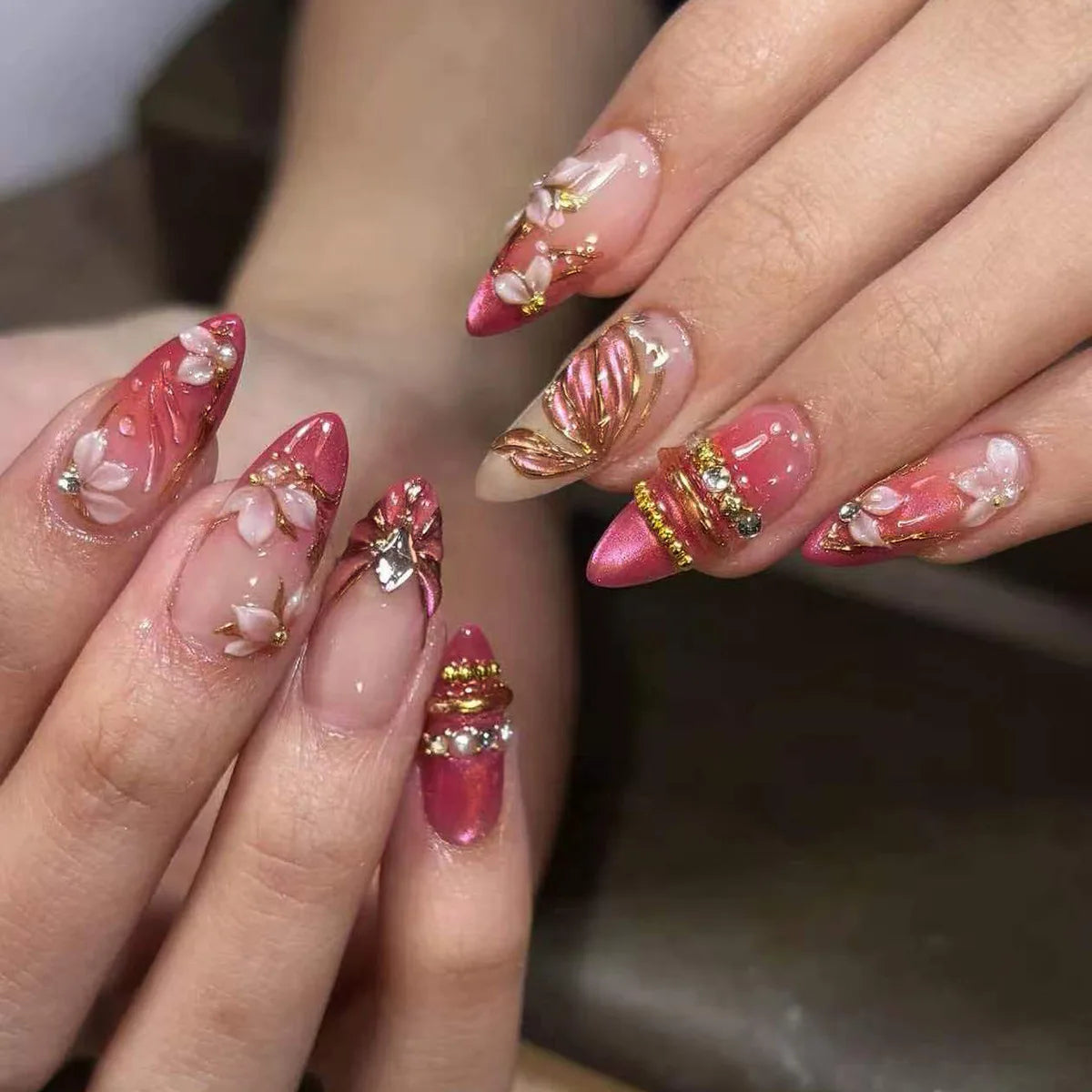 Pink Flower Almond Kawaii Press on Nails