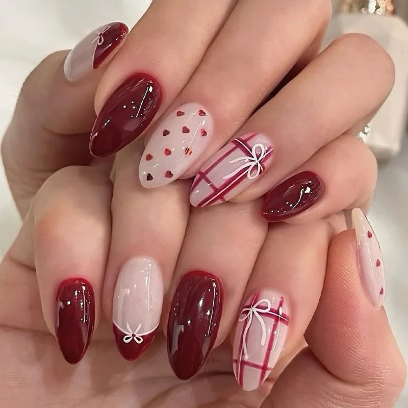 Sweet Cat Eye French Press on Nails Diamond-Pointed Three Dimensional Bow Knot