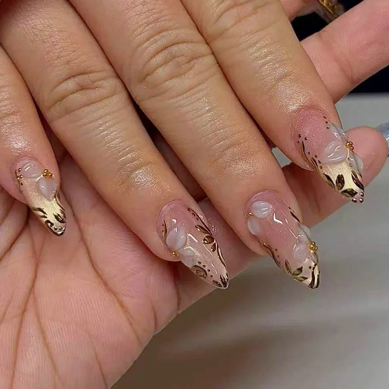 Mid-length Gilded 3D Flower Gradient Almond Reusable Press On Nails