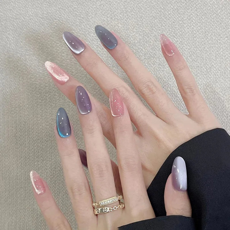 Metallic Cat Eye Sheer Manicure Art Textured 3D Acrylic Almond Medium Press on Nails