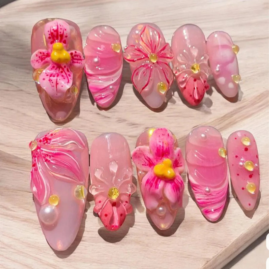 Mid-length Gilded 3D Flower Gradient Almond Reusable Press On Nails