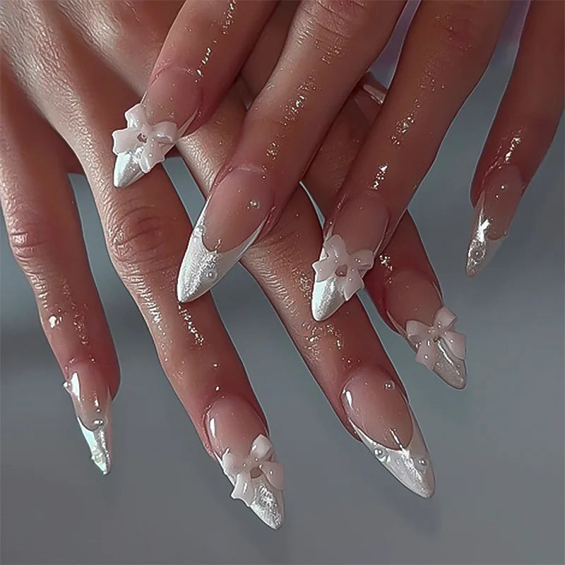 Sweet Cat Eye French Press on Nails Diamond-Pointed Three Dimensional Bow Knot
