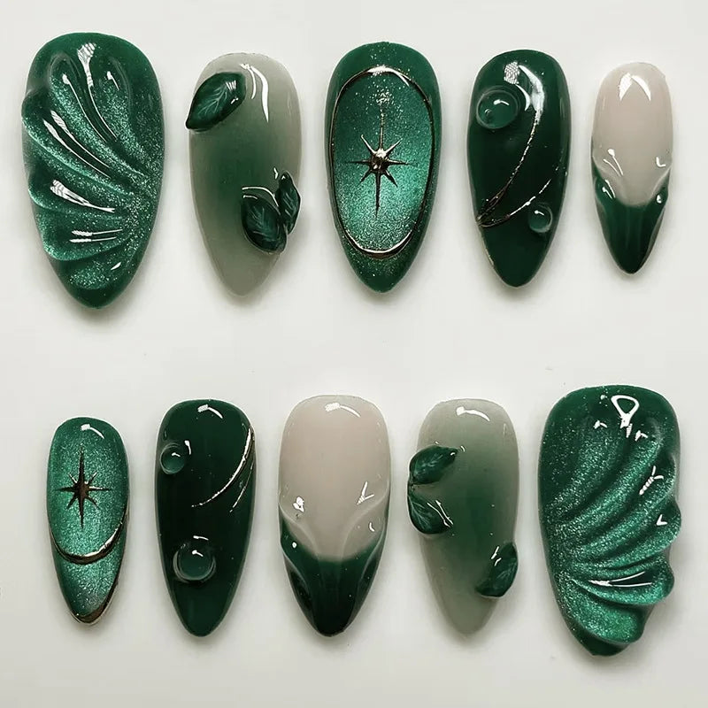 Metallic Cat Eye Sheer Manicure Art Textured 3D Acrylic Almond Medium Press on Nails