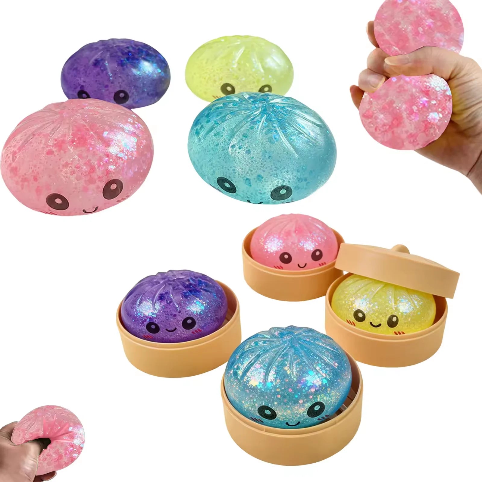 Steamed Bun Stress Relief Fidget Toy with Beads Sparkles Soft Squishy Sensory Decompression Accessory