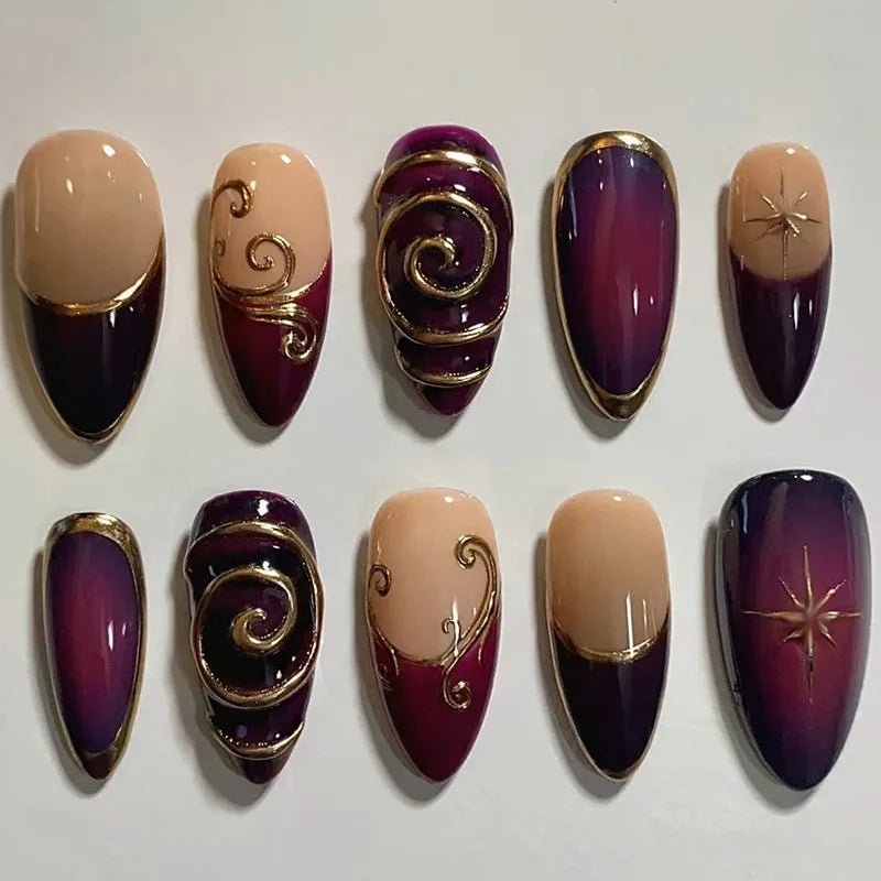 Mid-length Gilded 3D Flower Gradient Almond Reusable Press On Nails
