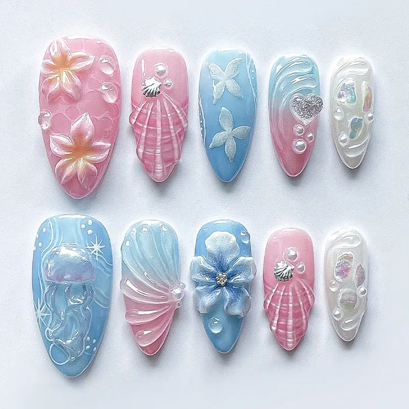 Mid-length Gilded 3D Flower Gradient Almond Reusable Press On Nails