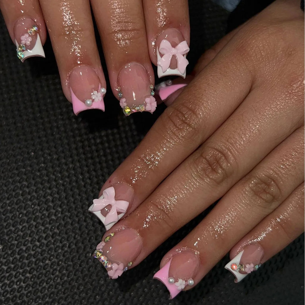 Nude Pink Sweet Press On Nails Short French With 3D Decor