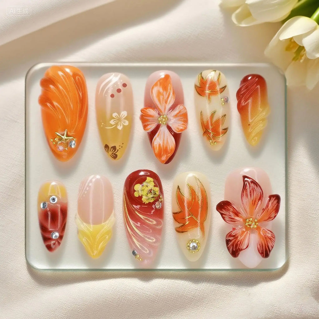 Mid-length Gilded 3D Flower Gradient Almond Reusable Press On Nails