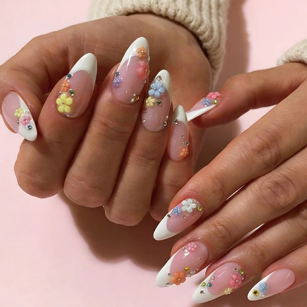 Stunning Retro Flower Y2k Caviar Bead Floral Press on Nails