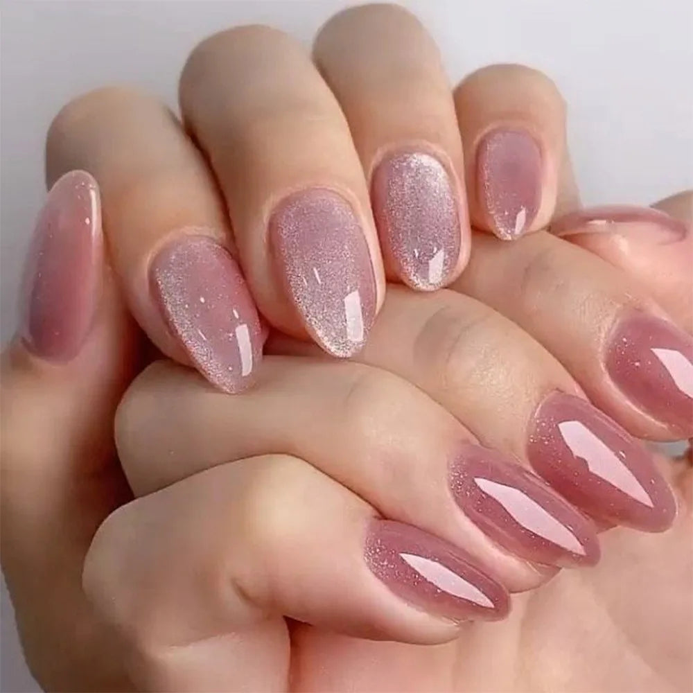 Metallic Cat Eye Sheer Manicure Art Textured 3D Acrylic Almond Medium Press on Nails