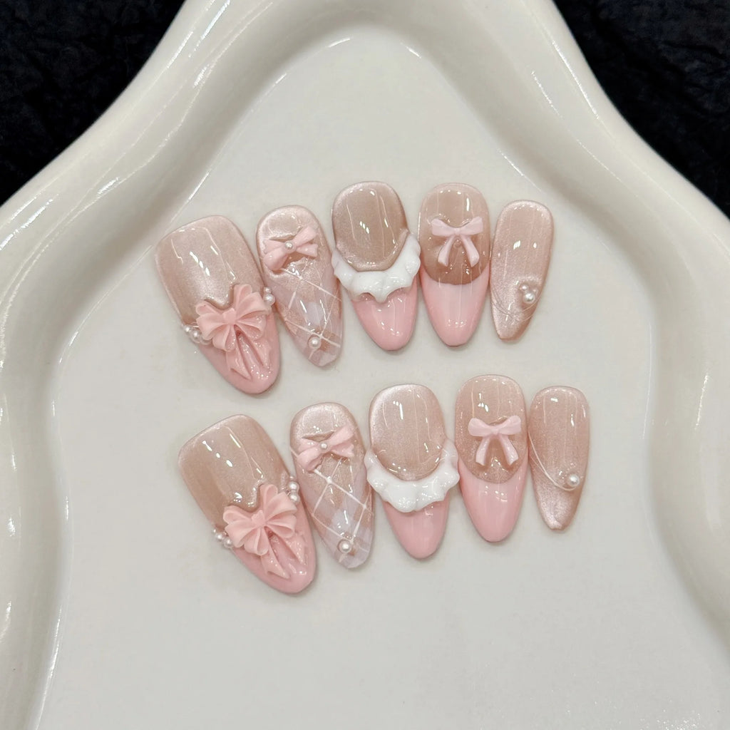 Handmade French Cat Eye Pink Bow Decor Almond Press on Nails