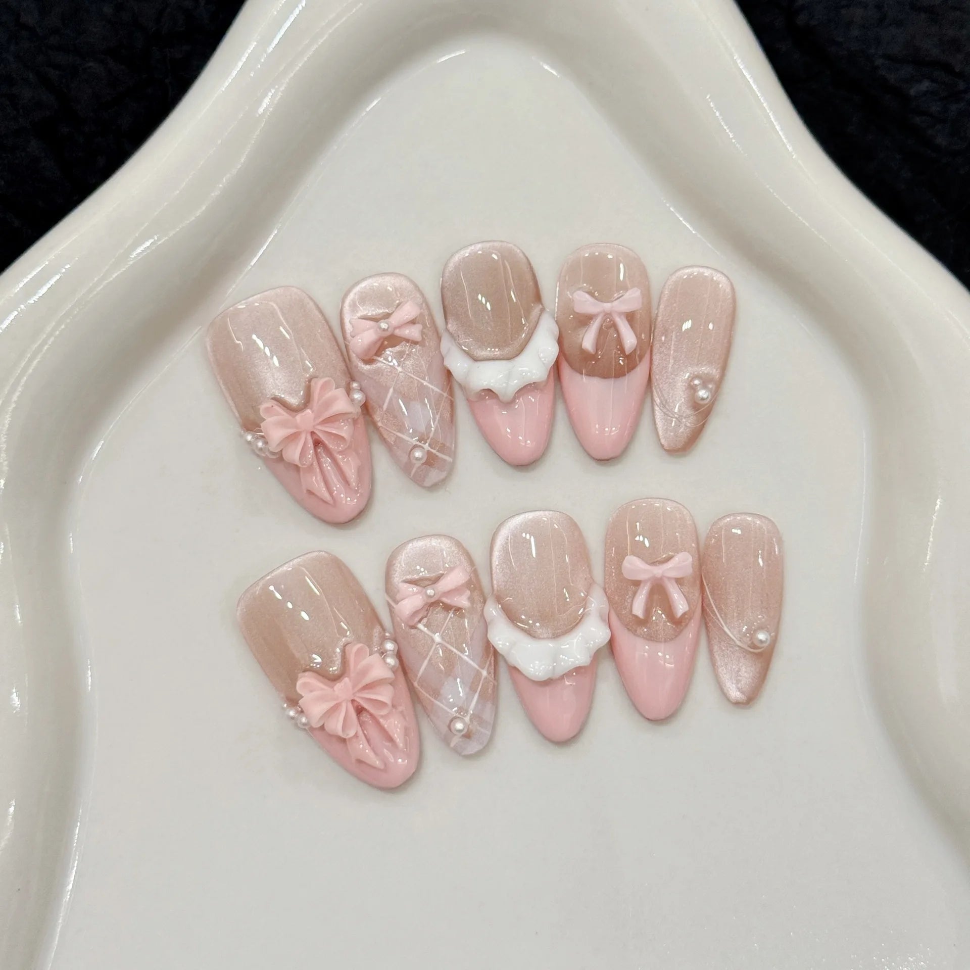 Handmade French Cat Eye Pink Bow Decor Almond Press on Nails