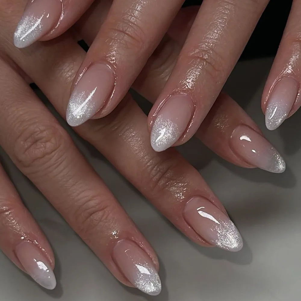 Metallic Cat Eye Sheer Manicure Art Textured 3D Acrylic Almond Medium Press on Nails