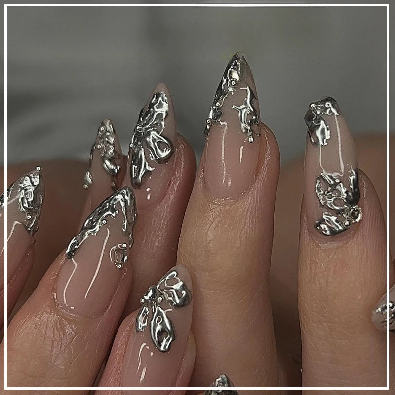 Metallic Cat Eye Sheer Manicure Art Textured 3D Acrylic Almond Medium Press on Nails