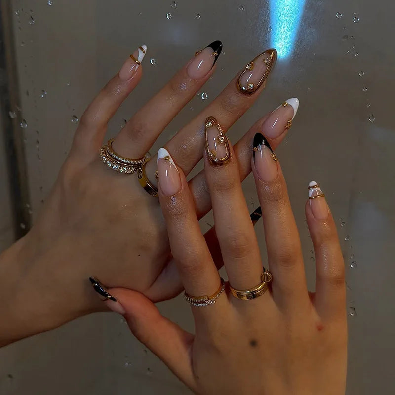 Mid-length Gilded 3D Flower Gradient Almond Reusable Press On Nails