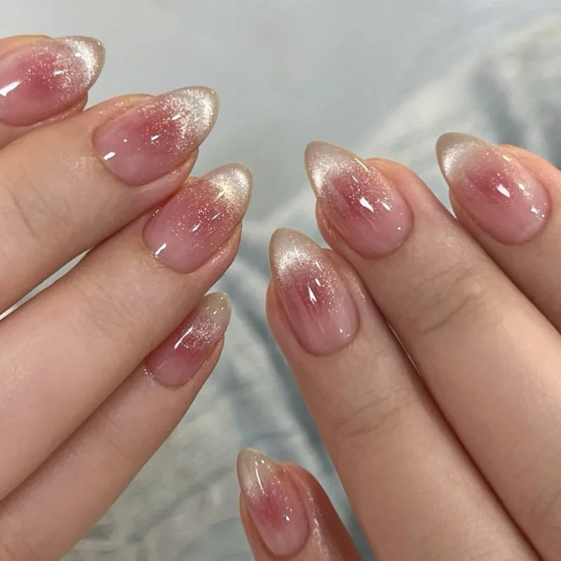Metallic Cat Eye Sheer Manicure Art Textured 3D Acrylic Almond Medium Press on Nails