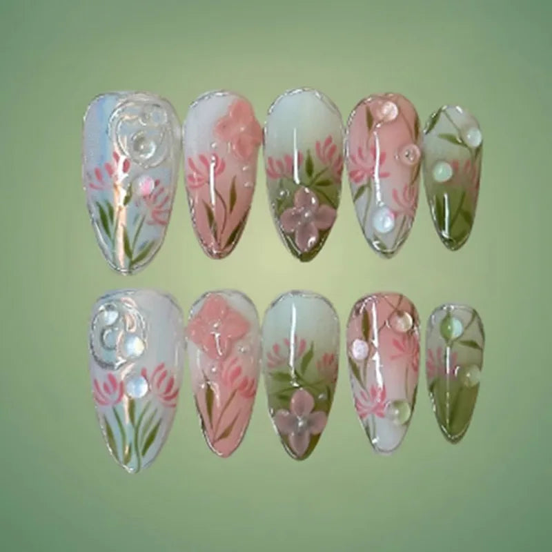 Mid-length Gilded 3D Flower Gradient Almond Reusable Press On Nails