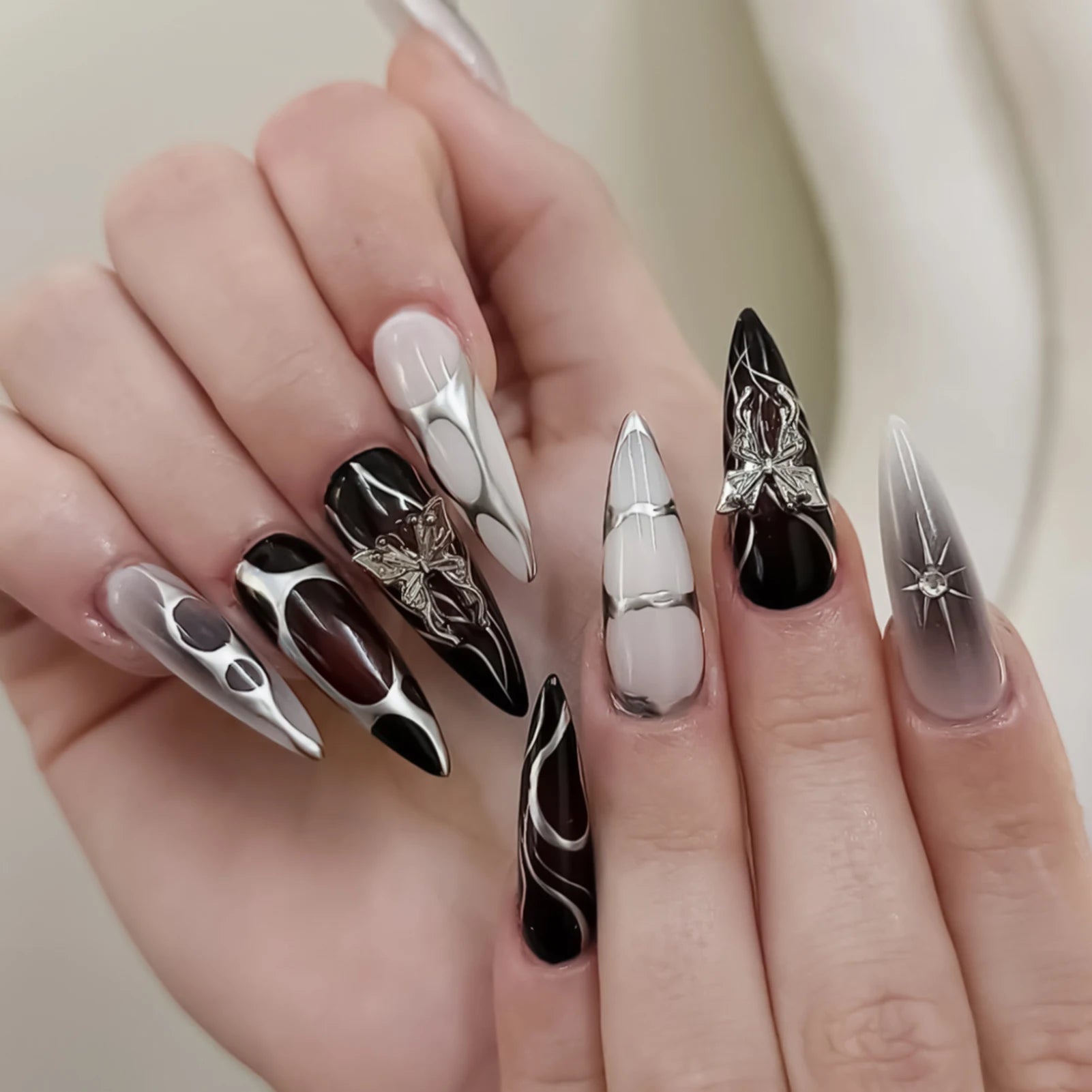 Stiletto Press On Nails Black Silver Bowknot Dissymmetry Nail Art