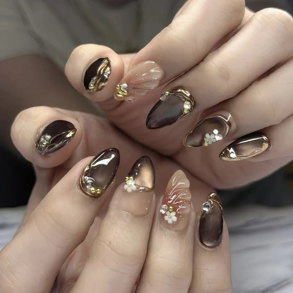 Mid-length Gilded 3D Flower Gradient Almond Reusable Press On Nails