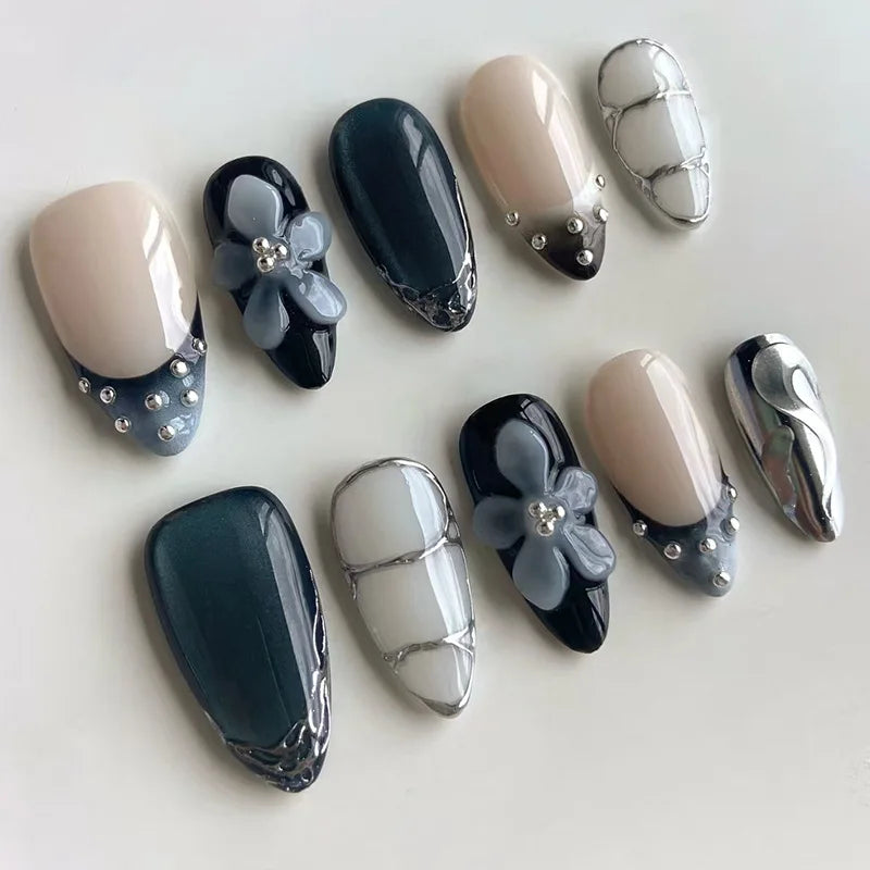 Y2k Press on Nails with Almond Head Design Cat's Eye Silver Stripe Pattern