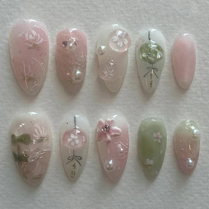 Pink Flower Almond Kawaii Press on Nails