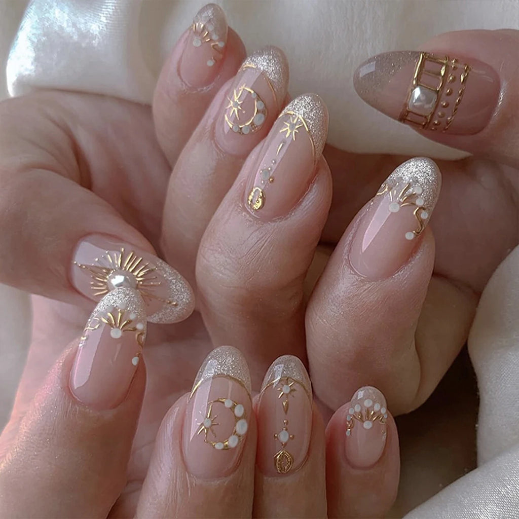 Metallic Cat Eye Sheer Manicure Art Textured 3D Acrylic Almond Medium Press on Nails