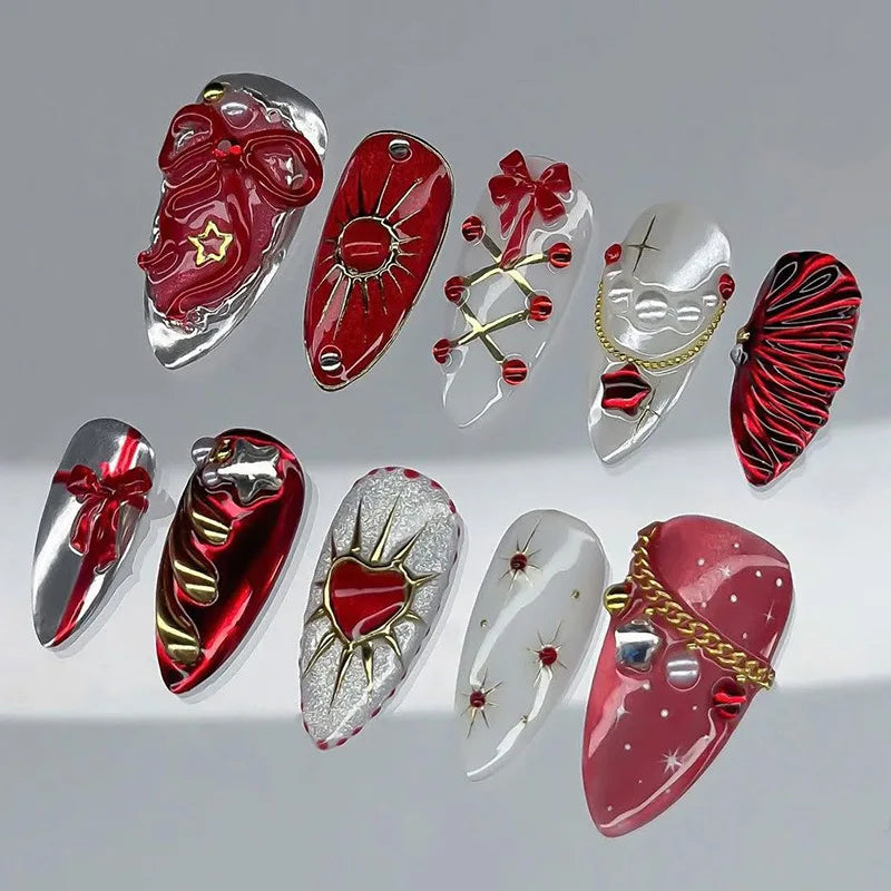 Y2k Press on Nails with Almond Head Design Cat's Eye Silver Stripe Pattern