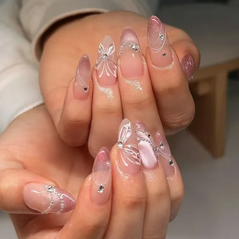 Medium long 3D Floral Decor pink white leopard Press on Nail Y2K