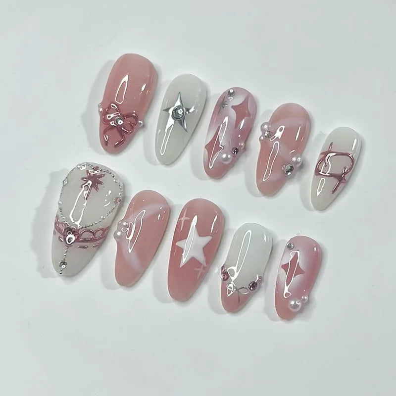 Medium long 3D Floral Decor pink white leopard Press on Nail Y2K