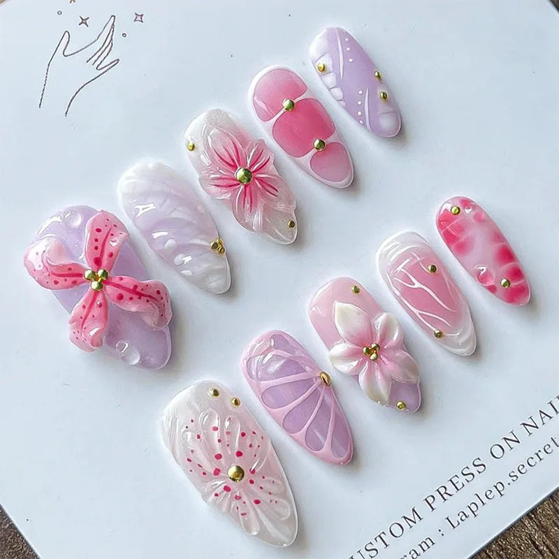 Mid-length Gilded 3D Flower Gradient Almond Reusable Press On Nails